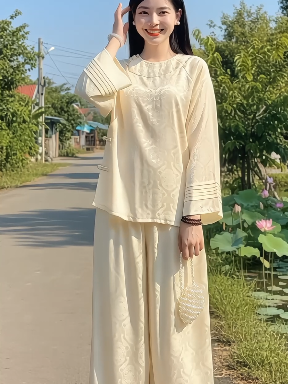 Bộ lam đi chùa thanh tịnh sang trọng, lụa gấm chữ thọ form suông thoải mái #bolamnu #bolamxinhxan #bophapphucnu #bolamdichua #xuhuong 