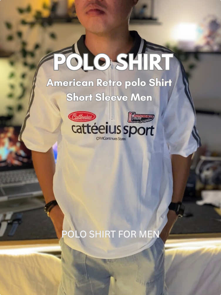 Korean Vintage Striped Loose Polo Shirt For Men's High School Streetwear Summer Casual Oversized Racing Sports Style Unisex White Hip-hop Summer Style Round Neck American Retro polo Shirt Short Sleeve Men Summer Trendy Half Zipper Striped Loose Lapel Top #menswear #menspolo #mensfashion #poloformen #menspolo