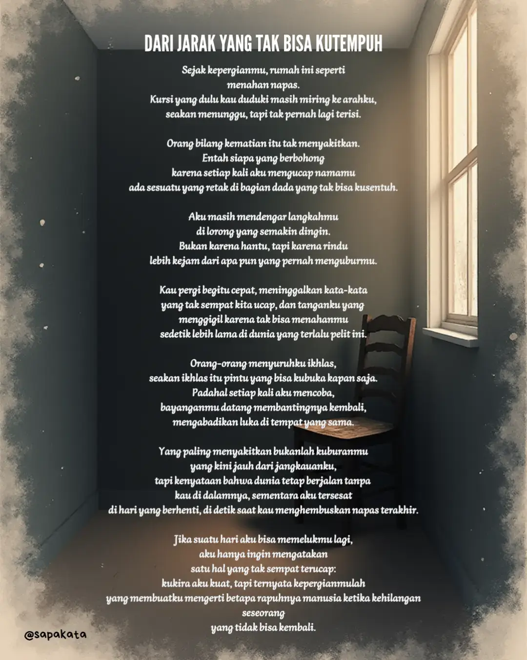 Kadang yang pergi tak benar-benar hilang… Ia hanya berpindah tempat, tapi meninggalkan ruang yang tak pernah bisa terisi lagi. Semoga yang kita rindukan di langit tenang dalam pelukan Tuhan. Dan semoga hati kita kuat menjalani hari yang tak lagi sama. #kehilangan #rindu #puisi #puisisedih #puisigalau 