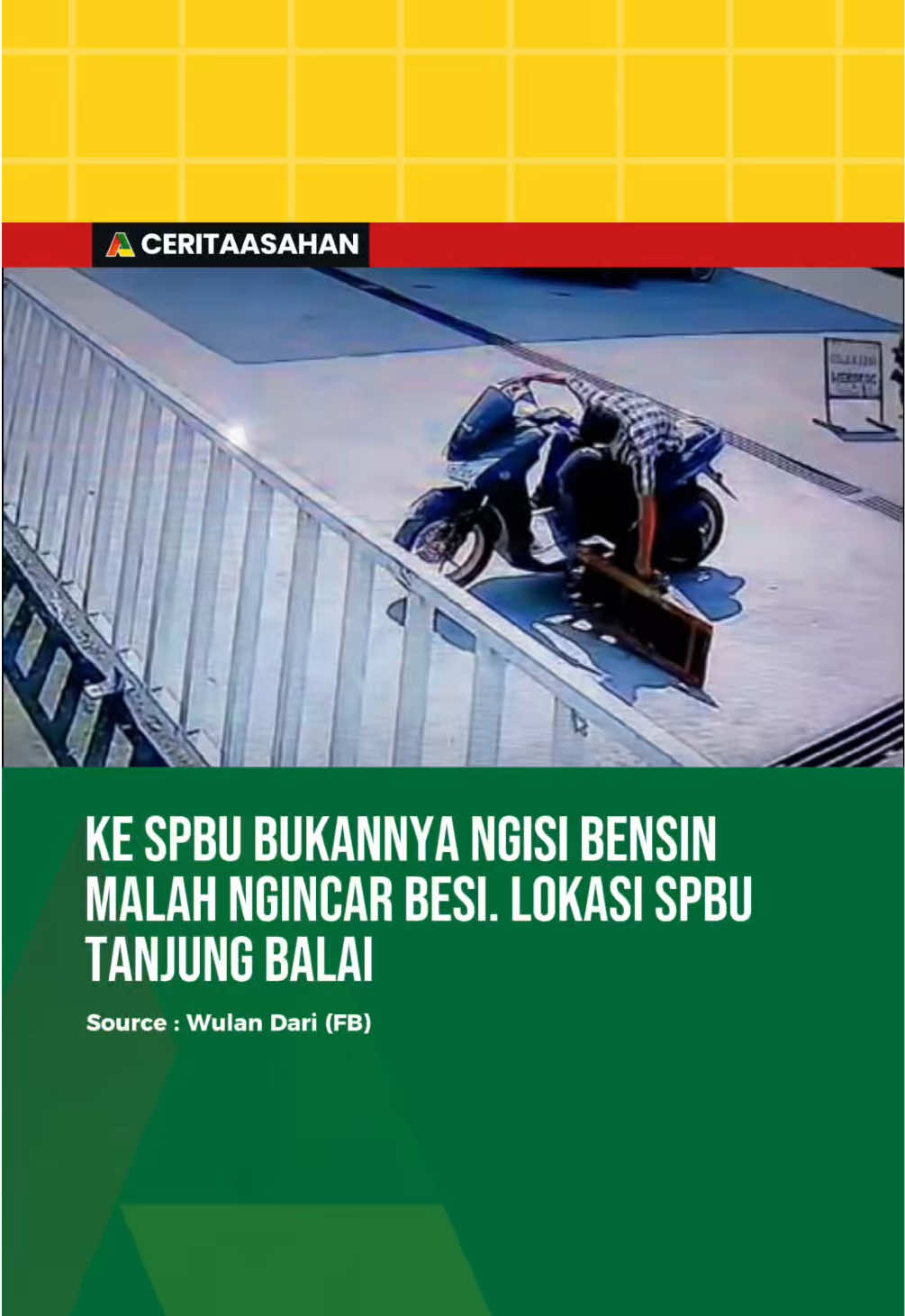 Sebuah rekaman CCTV dari SPBU di Jalan Jenderal Sudirman KM 2, Kota Tanjungbalai, memperlihatkan seorang pria berhenti menggunakan sepeda motor lalu mengambil sebuah besi yang berada di sekitar pagar SPBU. Kejadian ini berlangsung pada Senin 1 Desember 2025 dan belakangan mulai beredar di media sosial. Dalam rekaman terlihat pelaku dengan cepat mengambil besi tersebut sebelum kembali menaiki motornya dan pergi.  📌 Video : Wulan Dari (FB) #asahan #tanjungbalai #asahanpunyacerita 