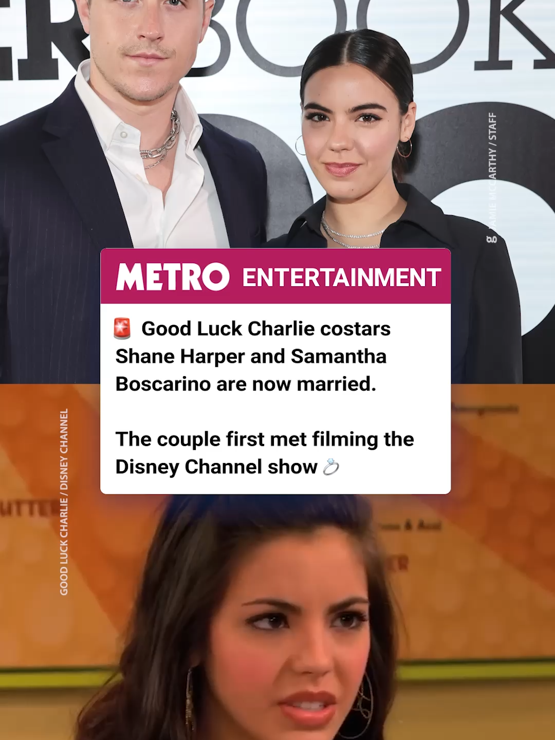 A @disneychannel romance 👀 Good Luck Charlie stars, Shane Harper and Samantha Boscarino, don't need any luck when it comes to their romance as a rep for the actor confirmed to @people Nov. 29 that the couple have tied the knot.  Shane previously dated costar Bridgit Mendler from 2011 to 2015 and he first met Samantha on the Disney Channel series when the latter's Spencer Walsh cheated on Bridgit's character Teddy Duncan with Samantha's Skyler. #dinseychannel #nostagic #goodluckcharlie #bridgetmendler