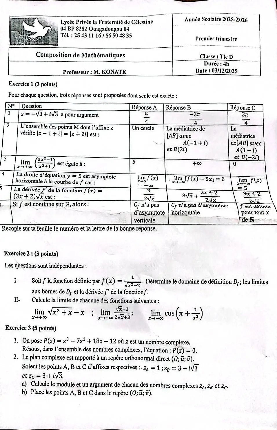 sujet de mathématiques de la classe de terminale du lycée privé la fraternité. #visibilité #excellence #pourtoii #tiktokburkinafaso🇧🇫🇧🇫🇧🇫🇧🇫 #education @ChinAfrik Group @LYCÉE  TECHNIQUE ABBÉ PIERRE @UA / IAM Burkina @istapem @ISPP KOULOUBA @IST_UBS @BUILDING CAPACITY INSTITUTE 