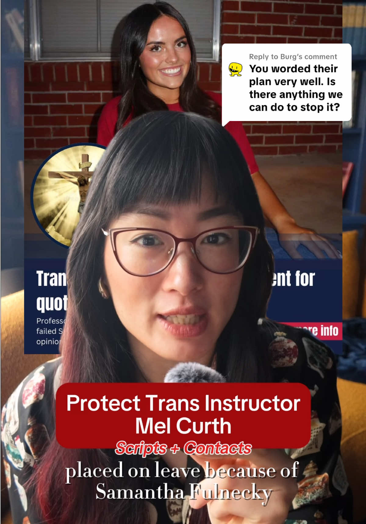Replying to @Burg 🚨 Protect trans instructor Mel Curth at the University of Oklahoma. Samantha Fulnecky is claiming religious freedom to overturn academic standards and OU placed Mel on leave within days. This is the same playbook used at Texas A&M when a professor was fired after a student’s viral complaint. Here’s how to help: email + call OU admin, the Board of Regents, AAUP, and the Alumni Association (info + scripts in bio link). Academic freedom is under attack, and trans educators are being targeted nationwide. Don’t wait. 🌈  If there are other ways to advocate that I missed, please share in the comments. 