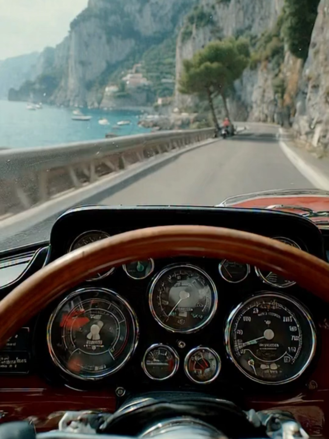 Amalfi Coast Moto Sunset – Italian Coastal Ride Riding a vintage Italian moto along the Amalfi Coast at sunset, warm golden light over pastel villages, Mediterranean waves catching reflections, winding cliff roads framed by lemon terraces, soft nostalgic guitar mood, classic Italy travel escape. #AmalfiCoast #ItalyTravel #SunsetRide #MediterraneanVibes #VintageMoto