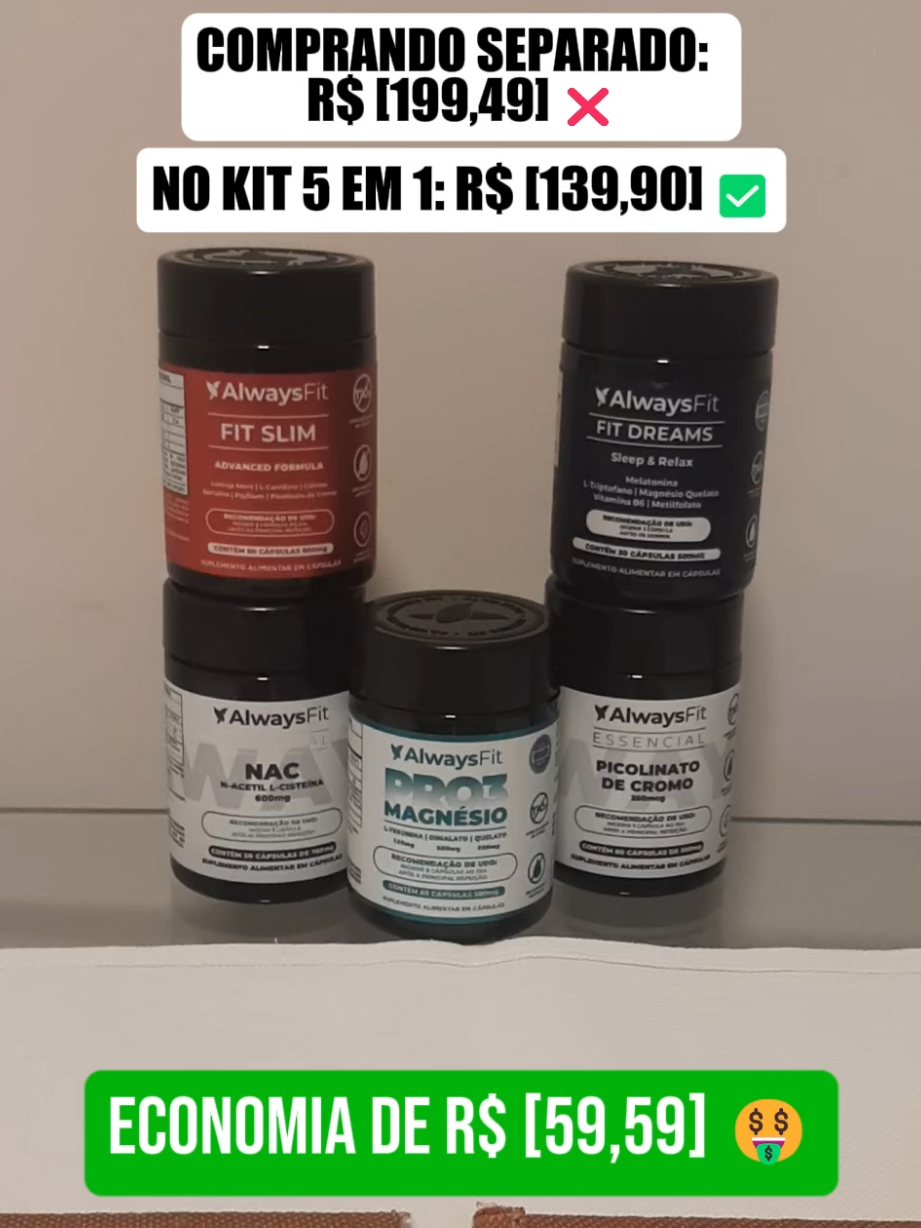 Economize no kit da AlwaysFit com 5 Suplementos e gaste menos do que comprar cada pote separado. #tiktokshopbrasil  #alwaysfit   #bemestar  #promo 