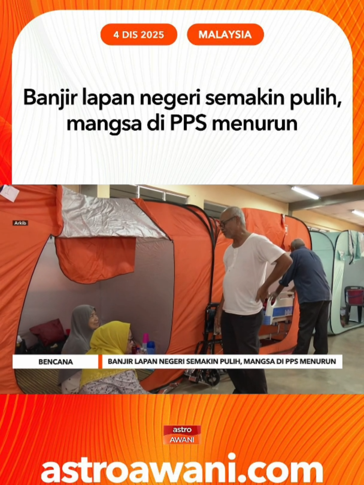 Jumlah mangsa banjir di lapan negeri terus berkurang dengan 4,057 mangsa di 53 PPS setakat 6 pagi, menunjukkan situasi semakin baik di Pantai Timur dan Utara Semenanjung. #AWANInews