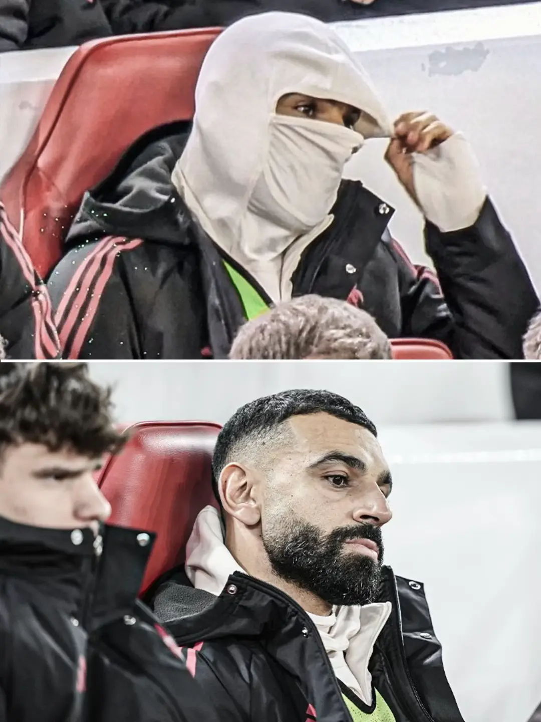 Mohamed Salah was pictured on the bench rocking a snood during the Liverpool vs Sunderland game 👀 Something I don’t think many people expected to see 🥶 In form Salah masked up in front of goal would be a scary sight 😮‍💨 #Salah #FYP #Football #Fashion #Liverpool 