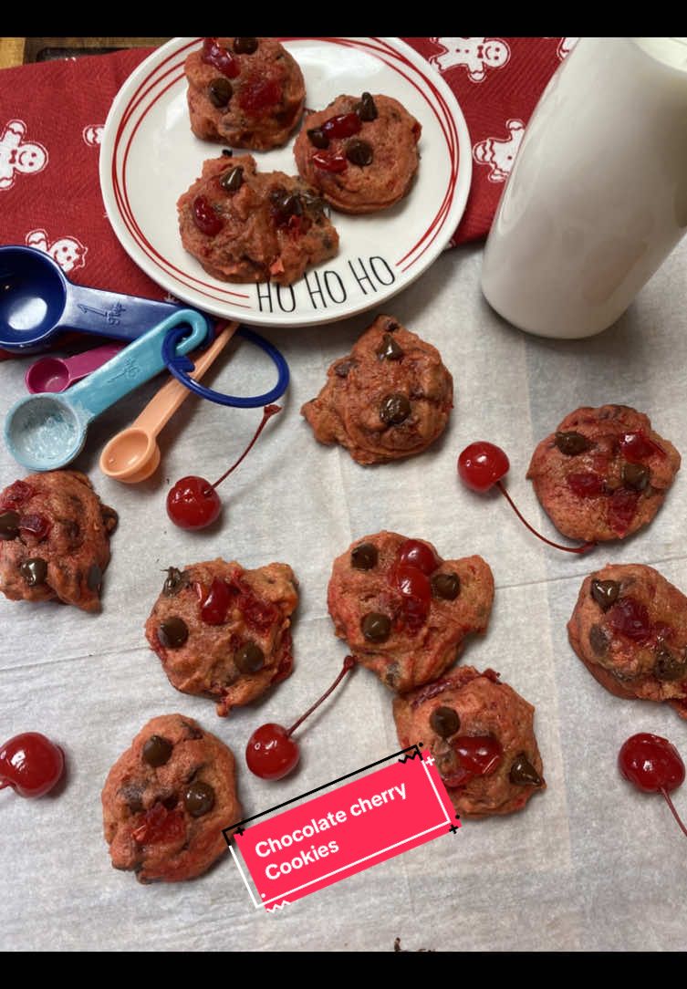 •2 tsp cornstarch •1 tsp baking soda • 3 cups all purpose flour  • 2 cups semi-sweet chocolate chips, plus extra for garnish • 1 cup unsalted butter, room temperature • 1¼ cups  brown sugar • ¼ cup granulated sugar • 2 large eggs • 1 tsp vanilla extract • ⅛ tsp almond extract • ¼ tsp red food coloring 1 cup drained & finely chopped maraschino cherries, plus extra for garnish #christmas #elfontheshelf #25daysofchristmas #tashasway 