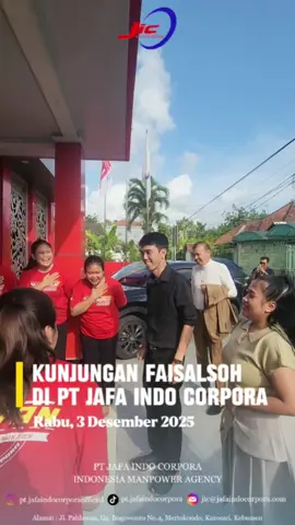 Hari Rabu, 3 Desember 2025, PT Jafa Indo Corpora menerima kunjungan dari Faisal Soh dalam rangka meningkatkan koordinasi serta memperkuat proses pembinaan CPMI. PT Jafa Indo Corpora terus berkomitmen untuk menjaga kualitas pelatihan, prpfesionalisme, dan kesiapan CPMI sebelum berangkat di negara penempatan. PT Jafa Indo Corpora Indonesia Manpower Agency #ptjafaindocorpora  #faisalsoh  #cpmindonesia  #fyp  #foryoupage 