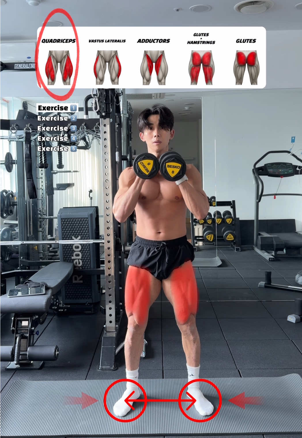 🔽하체운동(Leg Day) 덤벨로 할 수 있는 하체루틴 5가지 🔽 🔸Dumbbell Leg Routine – Lower Body Full Activation🔥 1️⃣고블릿 기본너비 스쿼트 (Goblet Standard Stance Squat) - 어깨너비로 스탠스를 두고 앉아 대퇴사두근(Quadriceps) 전체를 고르게 자극하는 기본 스쿼트 동작이며 하체 전체 균형 잡힌 발달에 효과적이며 초보자도 안정적으로 수행 가능합니다. 2️⃣고블릿 내로우 스쿼트 (Goblet Narrow Stance Squat) - 발을 좁게 두고 앉아 허벅지 앞쪽 대퇴직근(Rectus Femoris)과 바깥쪽 외측광근(Vastus Lateralis)을 강하게 자극허며 앞 허벅지 라인을 선명하게 만들기에 좋습니다. 3️⃣고블릿 와이드 스쿼트 (Goblet Wide Stance Squat) - 발을 넓게 벌리고 무릎을 바깥으로 밀며 수행해 내전근(Adductors) 과 허벅지 안쪽을 집중 강화하며 하체 프레임을 크게 만들고 안정성 향상에 도움줍니다. 4️⃣ 덤벨 스티프 레그 데드리프트 (Dumbbell Stiff-Leg Deadlift) - 무릎을 거의 고정한 채 엉덩이를 접어 내려가며 햄스트링(Hamstrings)과 둔근(Glutes)을 깊게 스트레칭 하며 뒷허벅지 라인을 매끄럽게 잡는 데 필수 동작입니다. 5️⃣덤벨 스플릿 스쿼트 (Dumbbell Split Squat) - 앞다리에 체중을 싣고 내려가며 대퇴사두근(Quads), 둔근(Glutes)에 자극을 주며 하체 좌우 밸런스 개선과 단단한 허벅지·힙 라인 만들기에 효과적입니다. 📌 루틴 가이드 - 각 3–4세트/ 10–15회 - 세트 휴식 45–60초 #legday #dumbbellworkout #legworkout #하체운동#하체운도ᄋ 