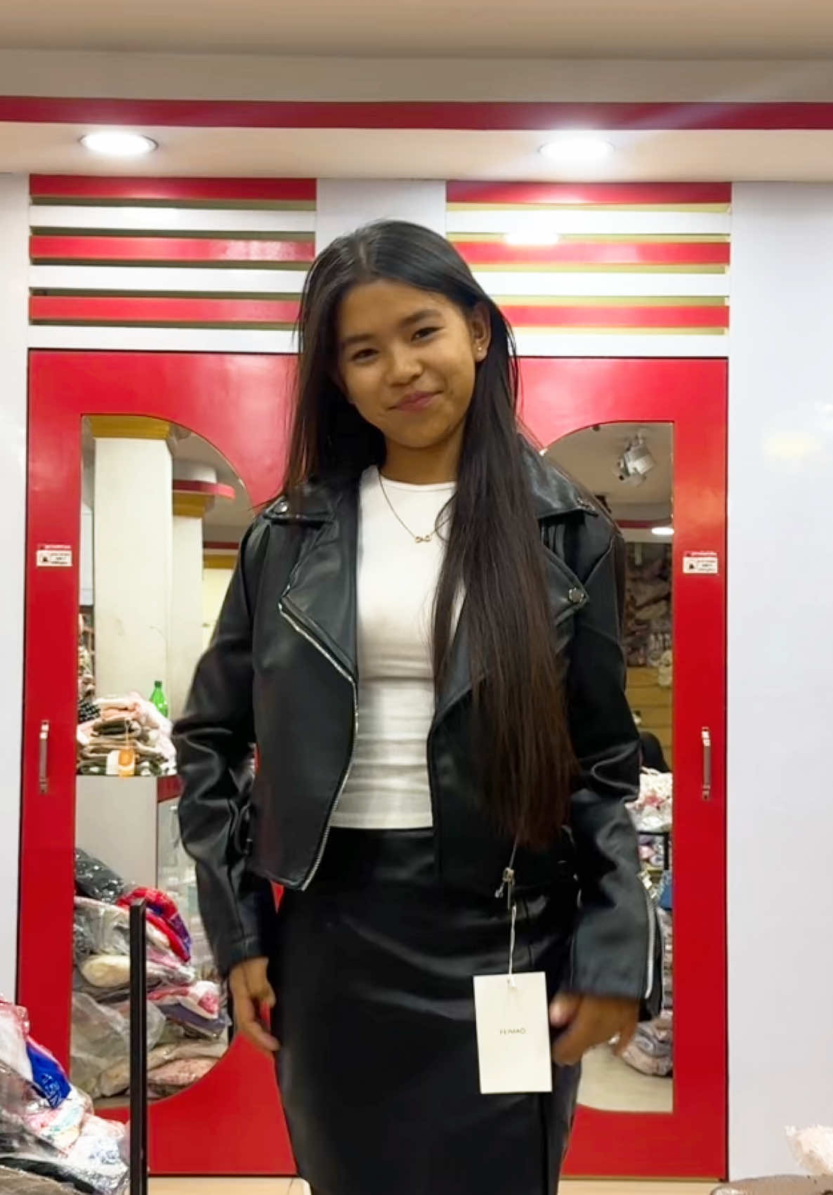 All outfits in this video are available. ❤️❤️ #boot #stocking #leatherskirt #leatherjacket #croptop 