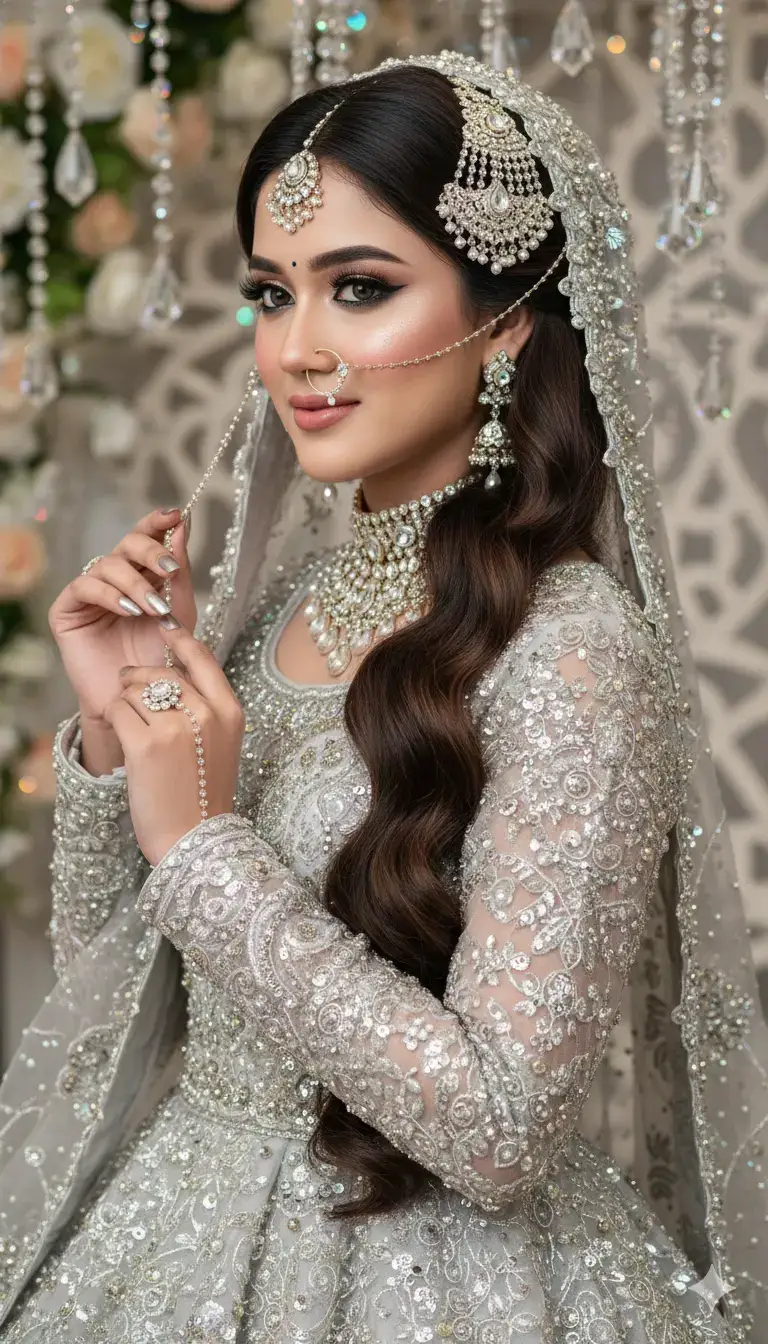 Mode fantasi seorang pengantin wanita bergaya Asia Selatan yang tampil sangat anggun, mengenakan gaun pengantin warna perak dengan bordir mewah, penuh payet, manik-manik, dan detail sulaman yang sangat rumit. Makeup tampak glamor dengan eyeliner tebal, eyeshadow emas berkilau, bulu mata panjang, pipi merona pink, dan lipstik pink lembut. Ia memakai perhiasan pengantin tradisional: kalung choker bertingkat penuh kristal, anting menjuntai, maang tikka di dahi, serta nose ring berantai yang terhubung ke telinga. Rambutnya sangat panjang terurai ke depan sebagian berwarna cokelat tua bergelombang ditata rapi dengan hiasan kepala perak-emas yang detail. Berpose menyamping namun menghadap ke penonton.Tangan nya terangkat memegang  maag tika memperlihatkan kuku berwarna silver.tersenyum lembut. Latar belakang dipenuhi ornamen kristal berkilauan dan elemen bunga, menciptakan suasana mewah, elegan, dan dreamy. Pencahayaan lembut sinematik, detail ultra-realistis, fokus tajam pada mata, tampilan sangat glamor dan berkelas.  #ai #songbollywood #bollywood #gemini 