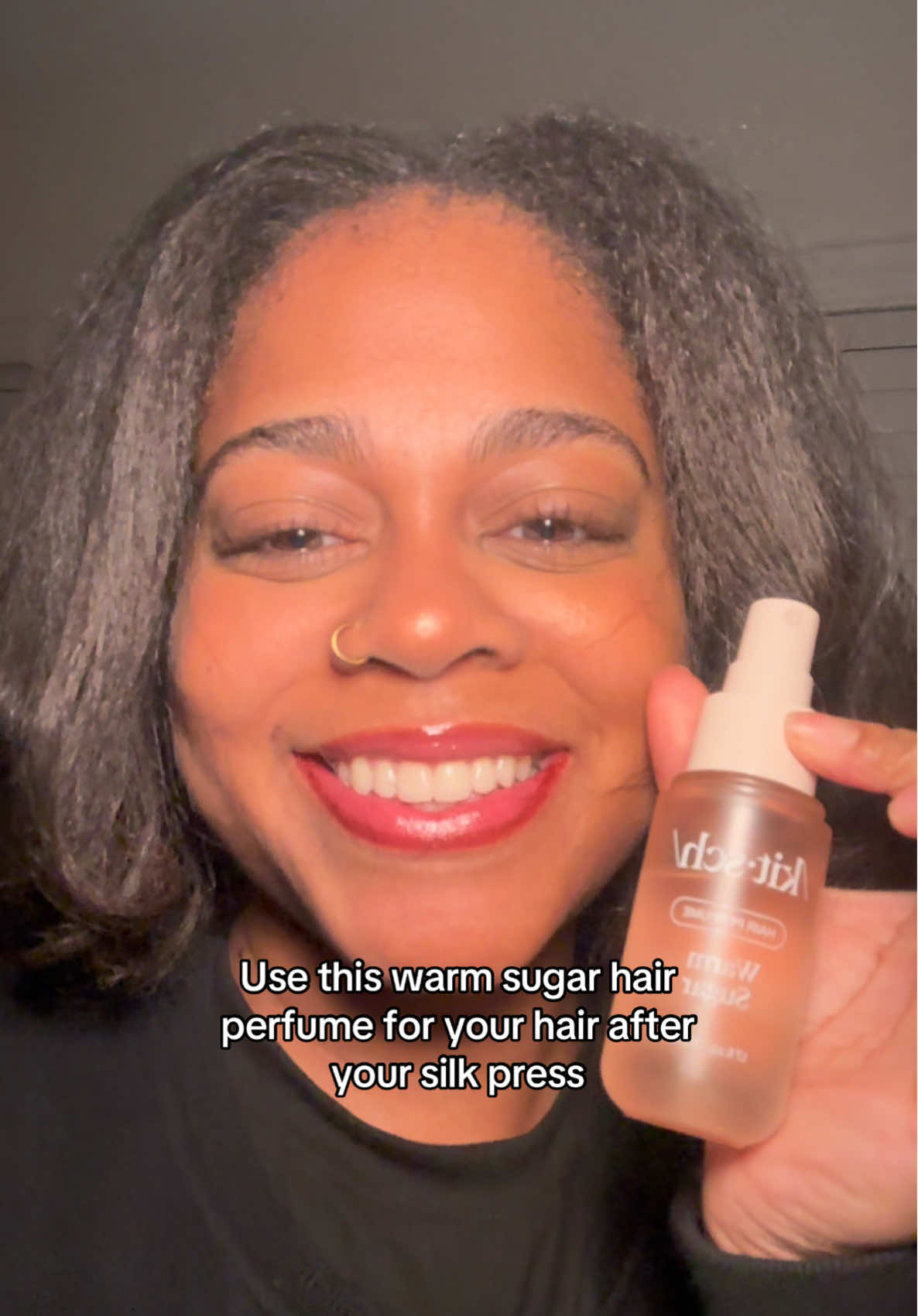 Cause I don’t like smelling burnt flat iron on my hair 😭 This hair perfume smells like warm and delicious sugar cookies 😍 grab yours by clicking the orange shopping cart!  #kitschhairperfume #warmsugarhairperfume #tiktokshopcreatorpicks #silkpress #silkpressnaturalhair 