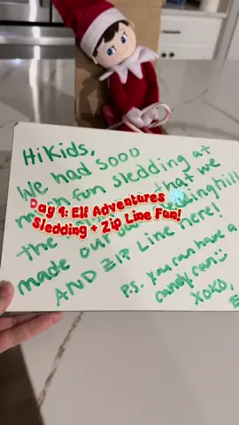 Day 4 of our Elf on the Shelf! ❄️✨ Looks like they had so much fun sledding at the North Pole that they brought the adventures home — cardboard sleds, mini crashes, and even a full zip line across my kitchen 😂🎄 #elfontheshelf #elfontheshelfideas #christmasmagic #elfisback #elfideas 