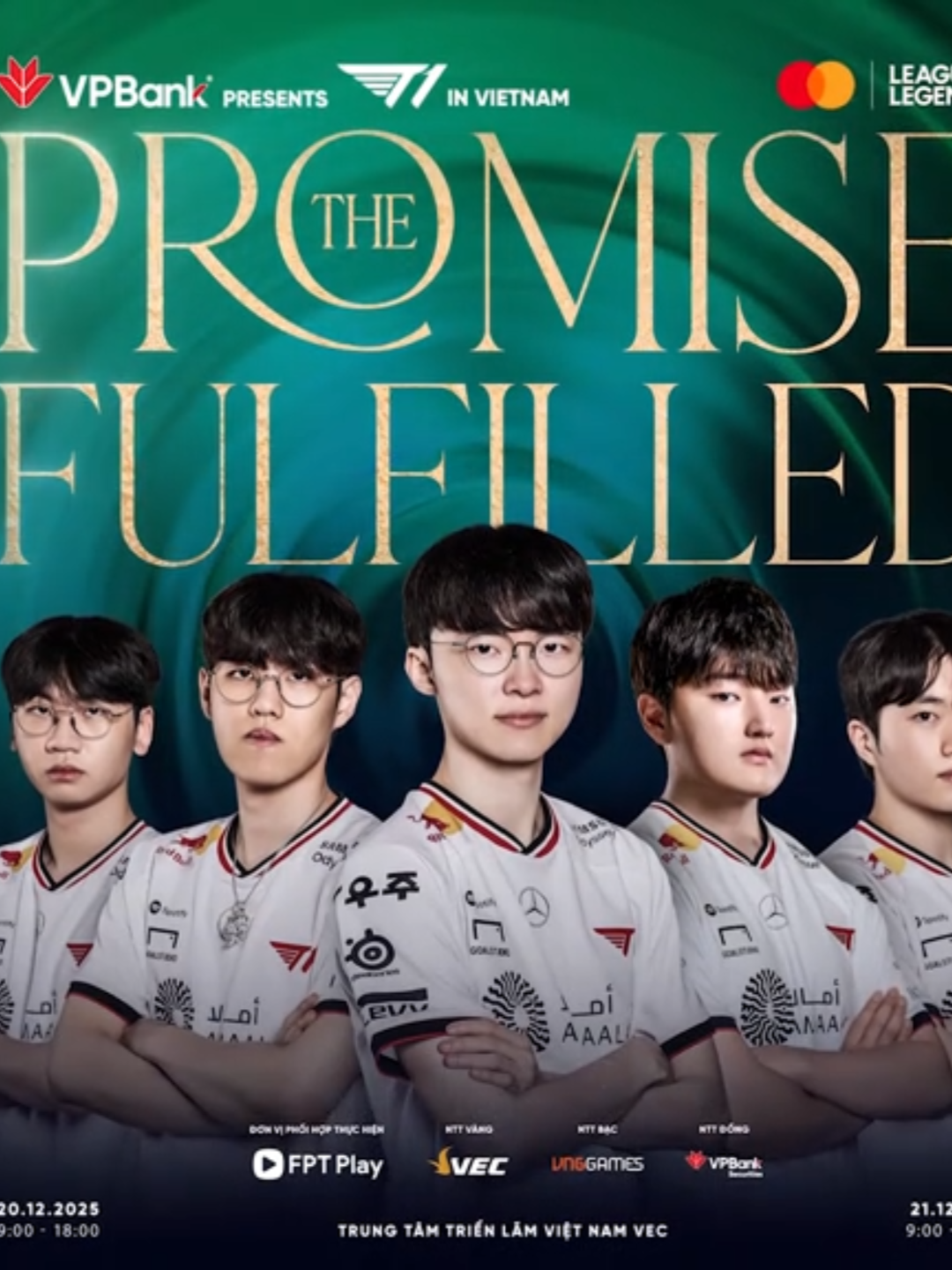 LỜI HỨA KHẢI HOÀN - VPBANK CHÍNH THỨC MANG CẢ TEAM T1 ĐẾN VIỆT NAM 💚 Không chỉ một mình Faker. Together As One - cả team T1 sẽ đến Việt Nam trong sự kiện fan meeting chính thức đầu tiên của nhóm do VPBank tổ chức, đồng hành cùng FPT Play - Đơn vị phối hợp thực hiện. 🏆 VPBank Presents T1 Vietnam - The Promised Fulfilled chính thức công bố dàn line- up trong mơ: - Lee “Faker” Sang-hyeok - Choi “Doran” Hyeon-joon - Moon “Oner” Hyeon-jun - Kim “Peyz” Soo-hwan - Ryu “Keria” Min-seok 🏆 Sự kiện nằm trong khuôn khổ VPBank presents Esports Festival: Legends Unite - lễ hội esports & giải trí kéo dài 2 ngày với nhiều hoạt động đặc sắc “có 1 - 0 - 2” mà khán giả không thể bỏ lỡ. ⏰ Thời gian: 20 - 21/12/2025 📌 Địa điểm: Trung Tâm Triển Lãm Việt Nam (VEC) 📣 Thông tin mở bán vé tham dự buổi Fan Meeting cũng như chi tiết các hoạt động tại VPBank presents Esports Festival: Legends Unite sẽ được VPBank “bật mí” dần ở những bài đăng tiếp theo. Nhớ follow page và F5 mỗi giờ nha! #VPBankPresents #vpbank #fptplay#legendsunite #T1inVietnam #T1 #VPBankxT1 #HANOI #211225 #201225 #EsportFestival #ThePromiseFulfilled #LegendsUnite #Doran #Oner #Faker #Peyz #Keria #DOFPK #MasterCard