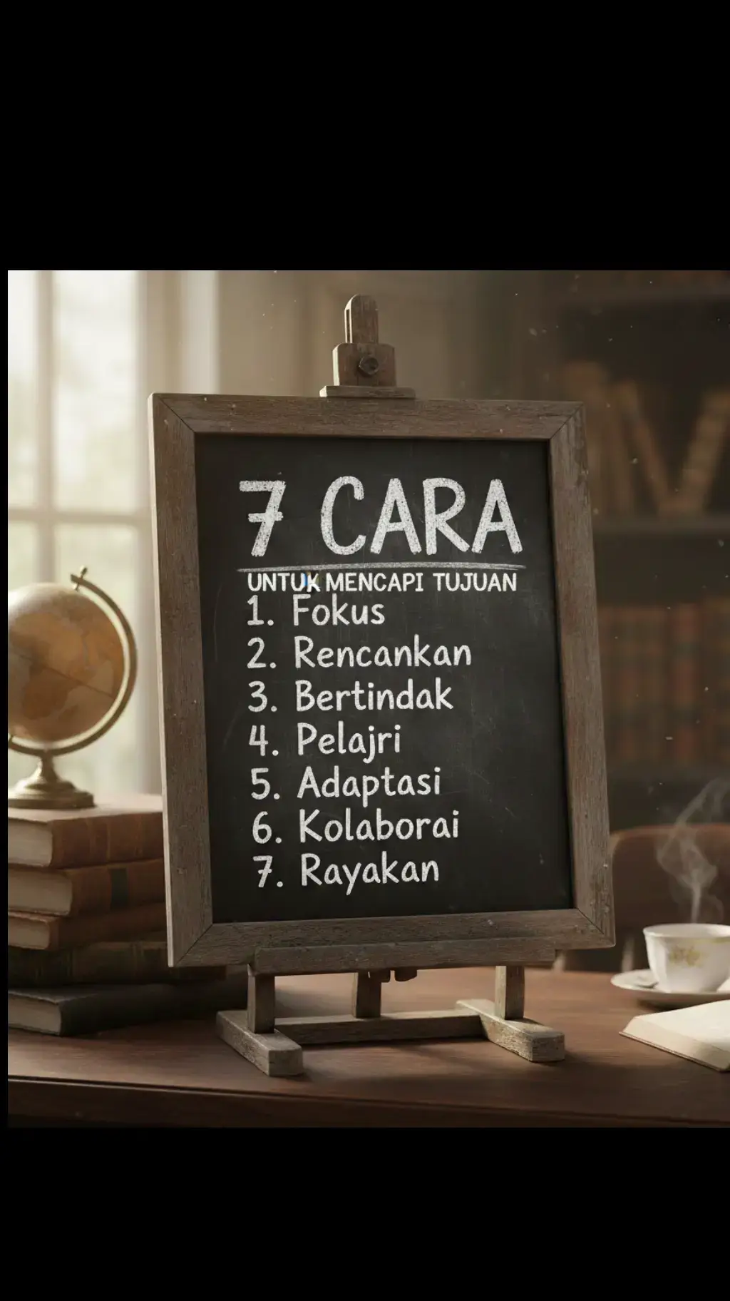 Gambar yang saya buat menampilkan 7 CARA yang umum digunakan sebagai kunci atau strategi untuk mencapai kesuksesan atau mencapai tujuan, seperti: 1. Fokus (Pusatkan perhatian) 2. Rencanakan (Buat strategi) 3. Bertindak (Ambil langkah nyata/eksekusi) 4. Pelajari (Terus belajar dari pengalaman/lingkungan) 5. Adaptasi (Mampu menyesuaikan diri dengan perubahan) 6. Kolaborasi (Bekerja sama dengan orang lain) 7. Rayakan (Apresiasi setiap pencapaian) Ini adalah prinsip-prinsip umum yang berlaku di berbagai bidang, seperti karir, bisnis, atau tujuan pribadi.