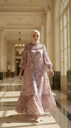 Maxi Dress Floral Ruffle (Gamis Pesta).** Tampil anggun & mewah dengan desain elegan, kerah tinggi, dan lengan balon. Motif floral baroque dusty pink yang eksklusif. Bahan flowy, nyaman dipakai, dan menawan. Sempurna untuk acara spesial! #GamisMewah #DressKondangan #BusanaMuslimah