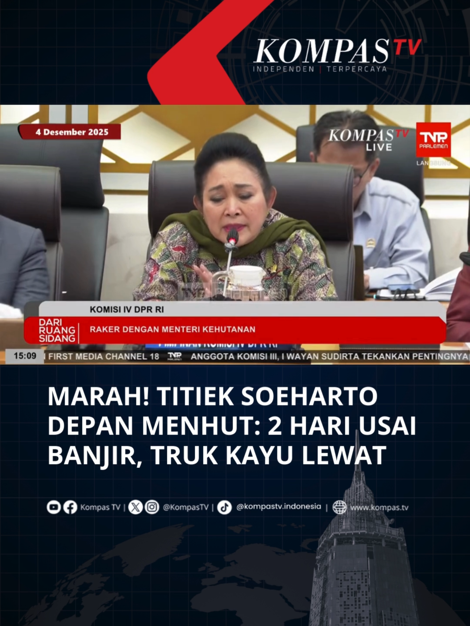 Ketua Komisi IV DPR RI, Titiek Soeharto mengaku marah, sedih dan miris soal potongan kayu yang dibawa dengan truk sudah melewati jalan raya padahal baru 2 pascabanjir. Hal ini disampaikan saat Rapat Kerja bersama Komisi IV dengan Kementerian Kehutanan di Senayan, Jakarta pada Kamis (4/12/2025). “2 hari setelah peristiwa banjir ini, dan dengan kemajuan teknologi truk itu lewat di depan hidung kita. Sungguh menyakitkan, Pak Menteri. Ini suatu kalau orang Jawa bilang Ngejek,” ujar Titiek. Bagaimana pendapatmu?  Simak video selengkapnya dan dapatkan berita terkini lainnya di www.kompas.tv serta youtube.com/kompastv #TikTokBerita #SOROTKompasTV