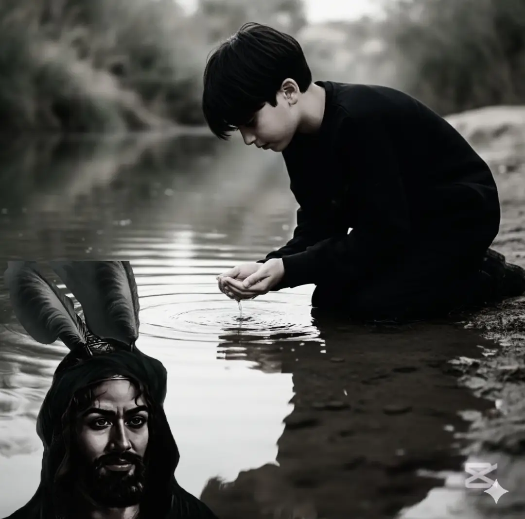 صوره اركع بجانب نهر هادئ ويميل بلطف إلى الأمام لينضر إلى انعكاس صورته في الماء. تعبيره مدروس وهادئ، كما لو كان ضائعا في التأمل الذاتي العميق يرتدي قميصا ذو الون أسود زي شور خفاش) يمتزج بشكل جميل مع البيئه الطبيعيه المحيطه يغرف الماء بكلتا يدية شعره أشعث قليلاً وجهه التموجات الرقيقة في الماء - مزاج سينمائي #الاربعينية_الامام_الحسين #هيئه_لواء_زينب #يازينب_حملتيه_شلون_مصيبة_العباس #موكب_شهيد_الجمعه_الحسيني 