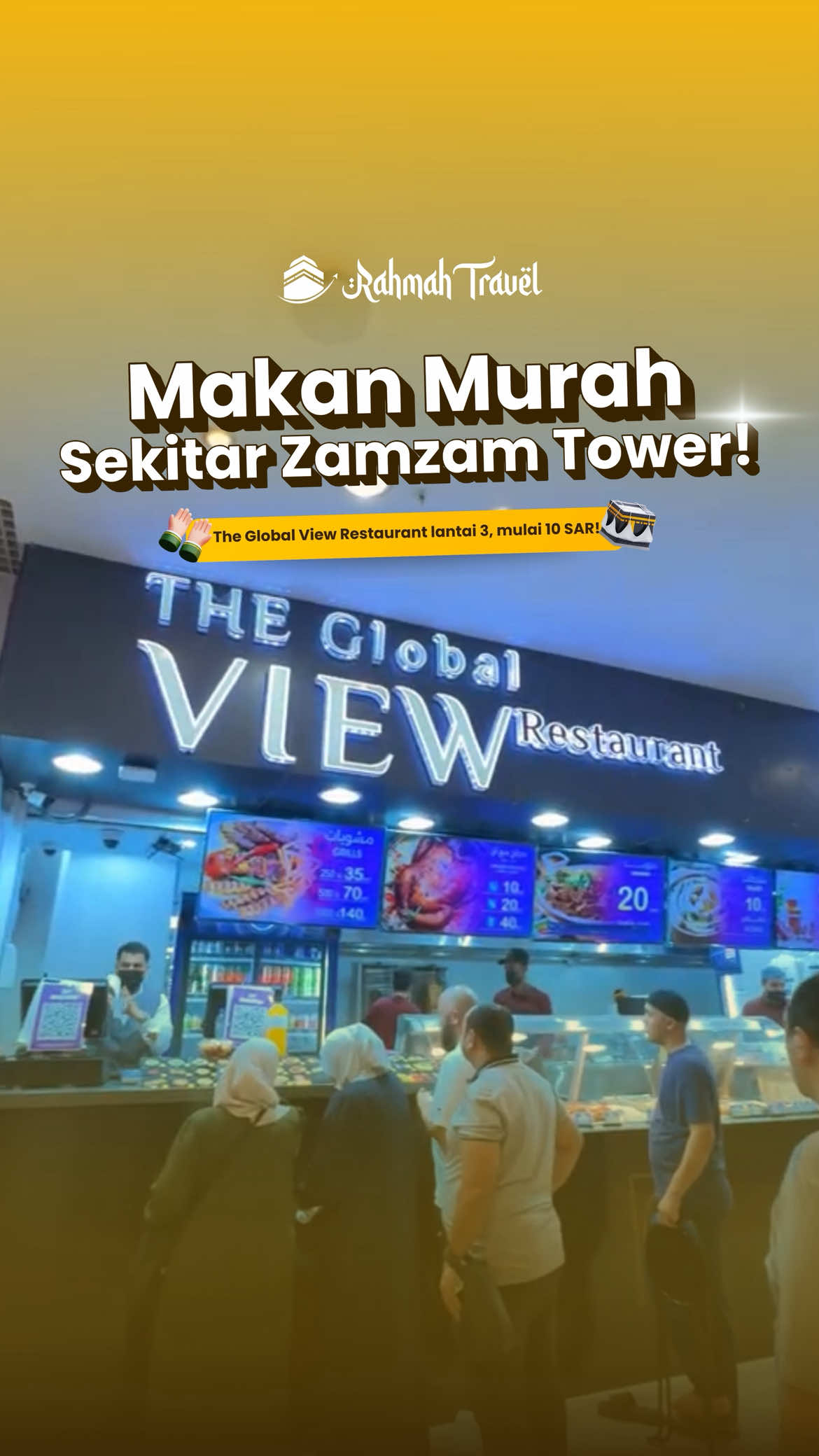 Ini dia makanan murah di sekitar Zamzam Tower! Kamu cuma perlu naik ke lantai 3, cari aja The Global View Restaurant. Harga makanannya mulai dari 10 Sar, udah dapet nasi dan ayam.  Semoga bermanfaat! #rahmahtravel #umrah #pastibisaumroh 