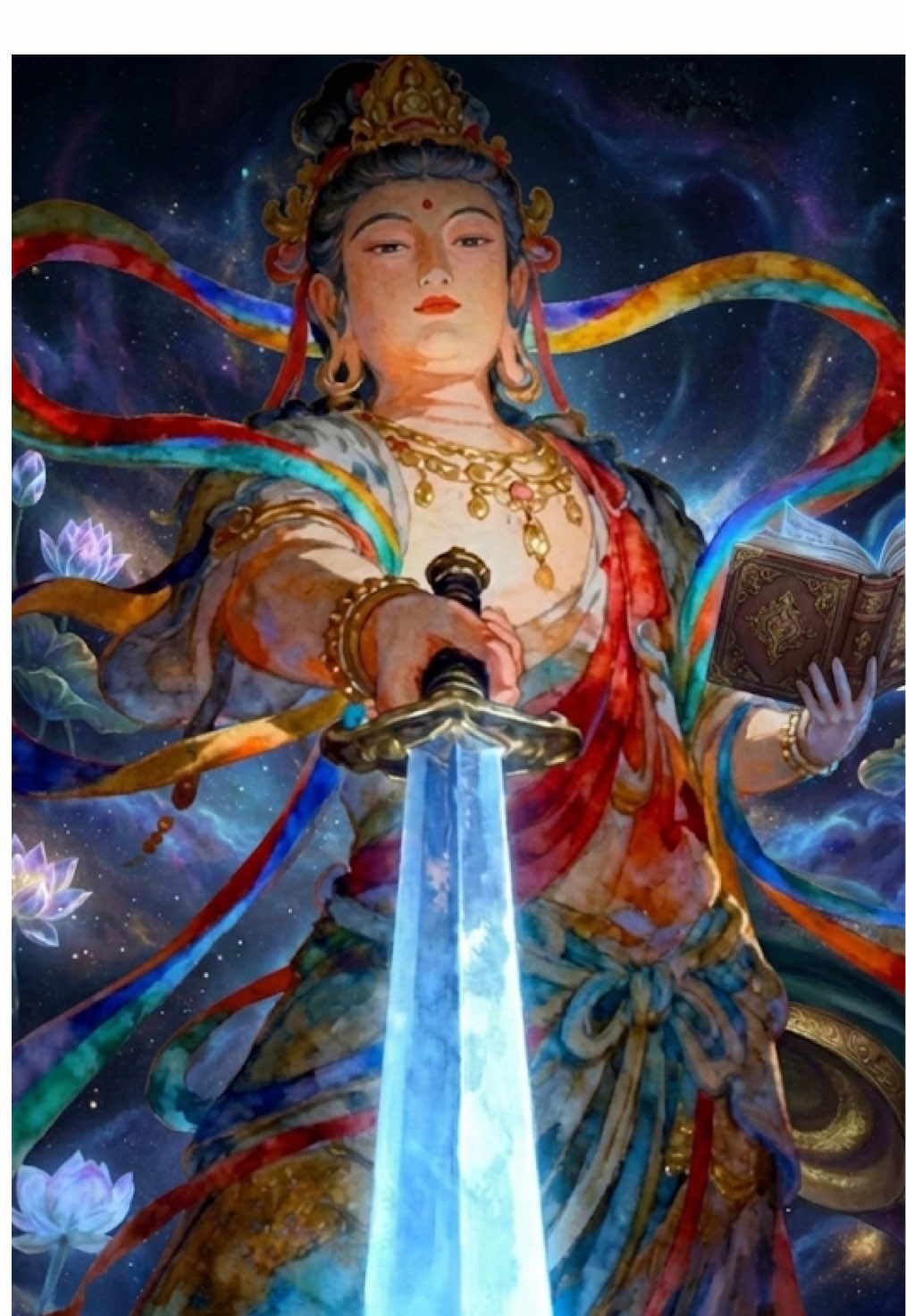 Đức Văn Thù Sư Lợi Bồ Tát được tôn xưng là hiện thân của Trí Tuệ Bát Nhã siêu việt nơi chư Phật. Ngài là bậc Thánh trí tuệ đệ nhất, soi sáng con đường giác ngộ cho tất cả chúng sinh. Ở tay phải, Ngài cầm Thanh Kiếm Trí Tuệ (Kim Cang Bảo Kiếm), ánh sáng rực như lửa và gió. Thanh kiếm này tượng trưng cho trí tuệ sắc bén, có năng lực chém đứt mọi lưới vô minh, tham – sân – si, chấp ngã, giúp người tu vượt qua mê lầm và nhận ra chân tánh thanh tịnh. Bên trái, Ngài thường nâng cuốn Kinh Bát Nhã, kho tàng trí tuệ thâm sâu của Phật pháp. Cuốn kinh biểu trưng cho sự thấu triệt thật tướng của các pháp: không – vô thường – vô ngã. Nhờ trí tuệ này, chúng sinh có thể phá tan bóng tối phiền não, bước vào con đường giải thoát. Hình tượng Văn Thù Sư Lợi Bồ Tát vì vậy mang ý nghĩa nhắc nhở chúng ta: Muốn thoát khổ, phải nương vào trí tuệ. Muốn giác ngộ, phải thấy rõ sự thật, không bị lôi kéo bởi vọng tưởng và chấp niệm. Nam Mô Văn Thù Sư Lợi Bồ Tát #PhậtPháp #hocphatmoingay #adidaphat #phatphapnhiemmau #xuhuongphatphap