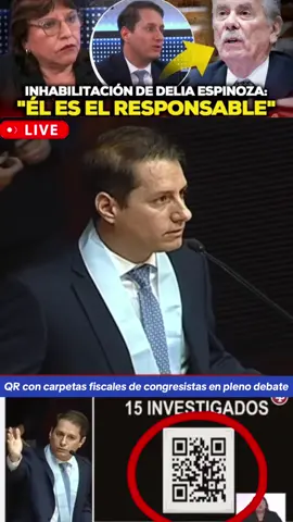Abogado de Espinoza comparte QR para acceder a la lista de parlamentarios acusados de delitos. Durante la defensa de Delia Espinoza, su abogado presentó un QR público que revelaba las carpetas fiscales, presuntos delitos y estados de investigación de varios congresistas que votaron por inhabilitarla. Señaló que el proceso es político y retaliativo, pues la fiscal investigó a varios de los mismos legisladores que buscaban sacarla 10 años del servicio público. Recordó que la acusación es falsa, ya que Espinoza no firmó ni aprobó la directiva cuestionada y la Junta de Fiscales Supremos jamás la debatió. A pesar del impacto del QR, el Congreso no alcanzó los votos para inhabilitarla (63 de 68), aunque luego presentaron reconsideración. Espinoza advirtió que el mensaje detrás del proceso es de intimidación: 