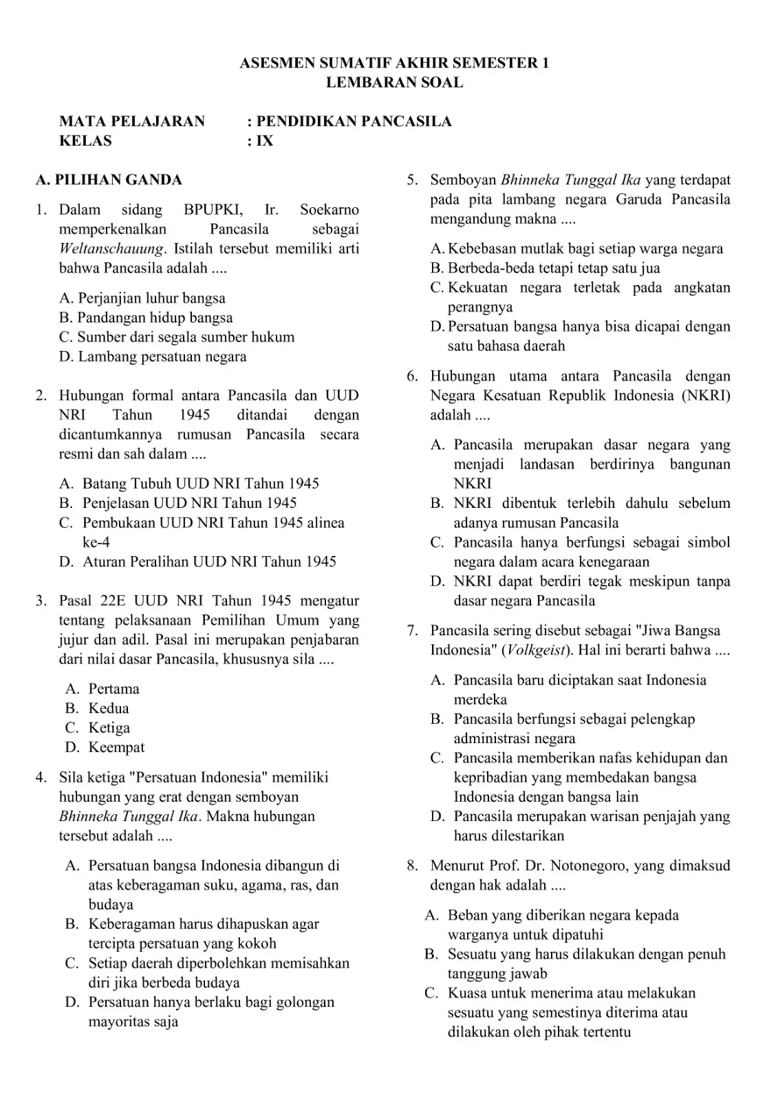 pancasila kelas 9 #soalujian