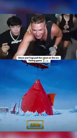 Steve and Togi pull the robot on the ice fishing game 🏆🎣 #kickstreaming 