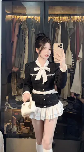 [Tặng Kèm Đai] Sét Váy Dạ Tếch 2 Lớp Bánh Bèo Gồm Áo Dạ Nơ Cổ Phối Bèo + Chân Váy Chân Bèo Tầng 💕💕