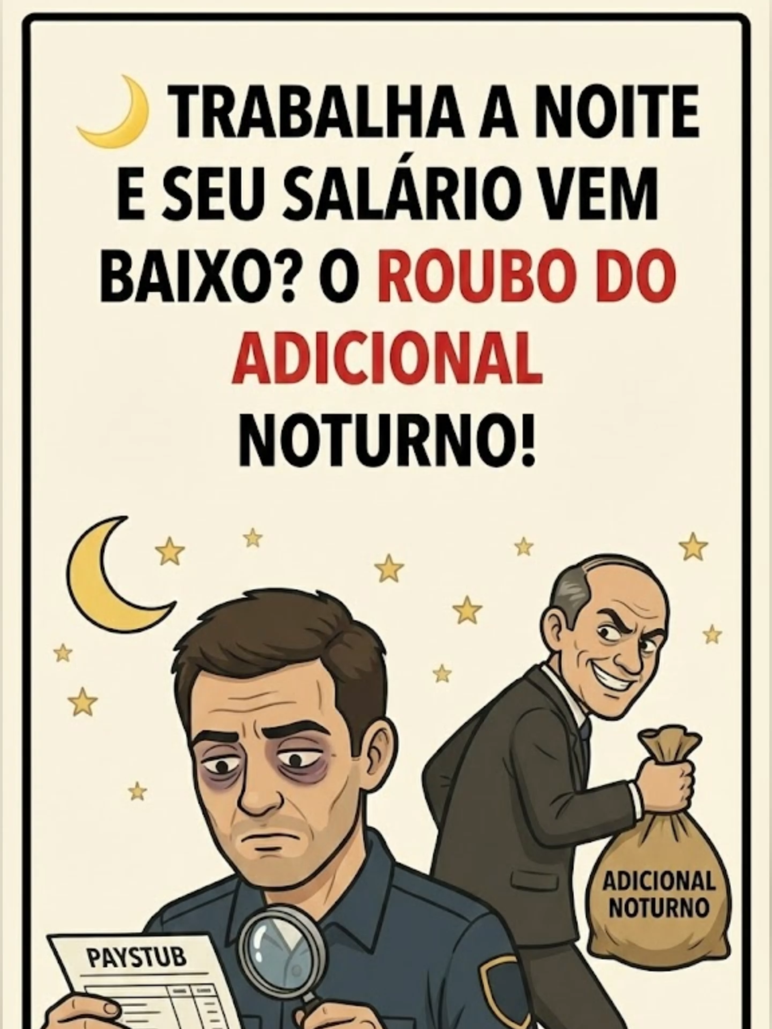 🌙 TRABALHA A NOITE E SEU SALÁRIO VEM BAIXO? O ROUBO DO ADICIONAL NOTURNO! Cuidado com o cálculo do Adicional Noturno! Ele deve incidir sobre o Salário Base + Periculosidade (30% da Lei 14.967).  Além disso, a hora noturna é de 52m30s.  Se a empresa calcula errado, você perde dinheiro. Aprenda a conferir! 👇  #Direitos  #Seguranca #vigilante  #SINDICATO #poreteiro #LEI