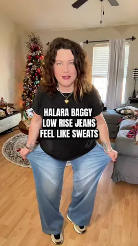 HALARA baggy low rise asymmetrical button jeans. Feel like sweat pants, super stretchy and comfortable. #halarajeans #stretchyjeans #lowrisebaggyjeans #comfyjeans #flatteringjeans @Halara 
