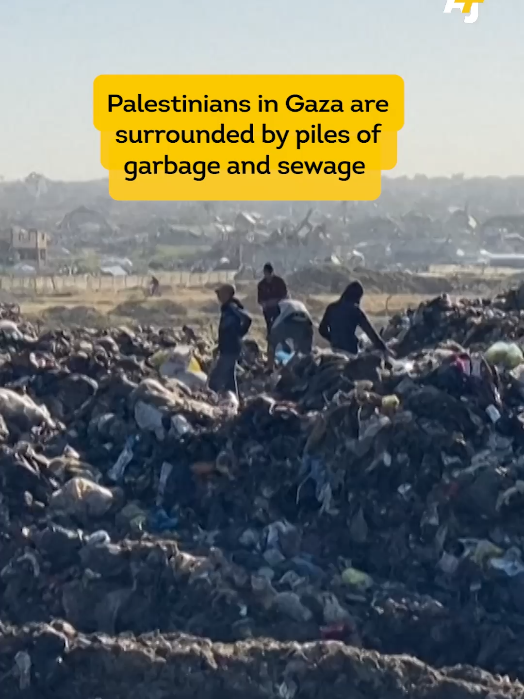 Displaced Palestinians in Gaza are living in tent camps surrounded by mountains of waste, garbage and rubble from Israeli bombing. #Gaza #Palestine #Israel #PublicHealth #Sanitation #Infrastructure #Health #Pollution