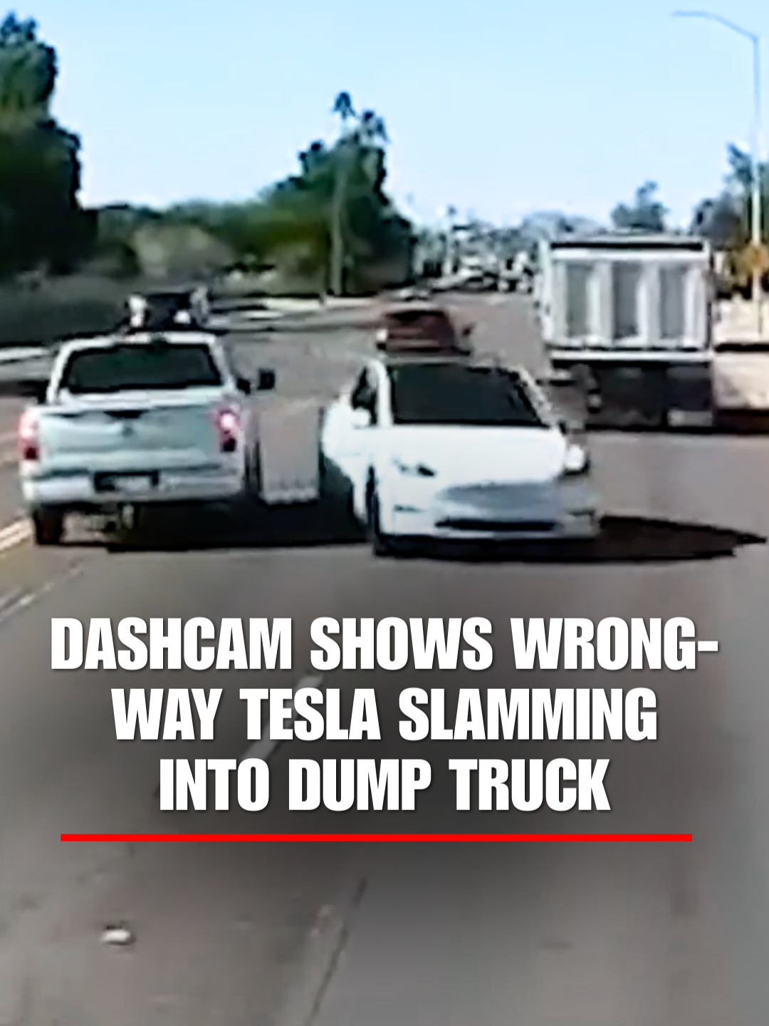 LOAD OF TROUBLE: A dump truck’s dashcam captured the moment a Tesla veered into oncoming traffic in Arizona, triggering a chain-reaction crash that sent the truck careening into another vehicle before it slammed into a wall. The drivers of both the Tesla and the dump truck were hospitalized with non-life-threatening injuries.