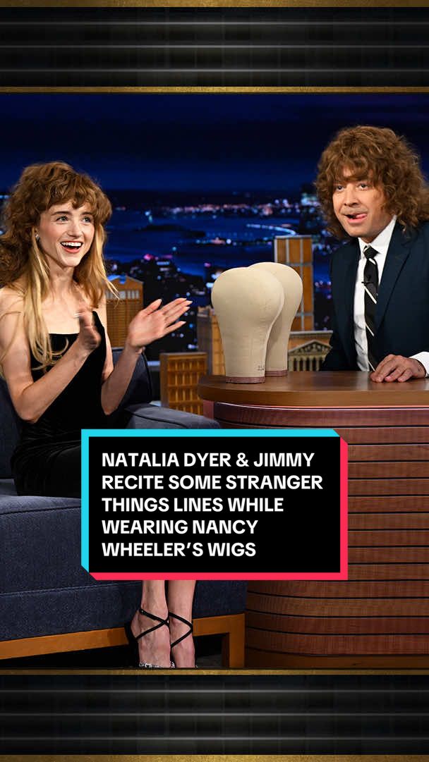Natalia Dyer & Jimmy recite some @Stranger Things lines while wearing Nancy Wheeler’s wigs! #FallonTonight #TonightShow #NataliaDyer #StrangerThingsOnFallon #StrangerThings 