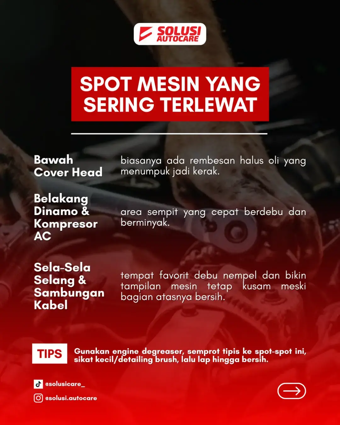 JANGAN SKIP BAGIAN INI! ⚠️ Banyak yang mesinnya tetap kusam gara-gara spot kecil yang sering terlupakan. Cobain bersihin pakai engine degreaser, beda banget hasilnya! 🔥 #perawatanmobil #pengkilapmobil #solusiautocare #viral #fyp 