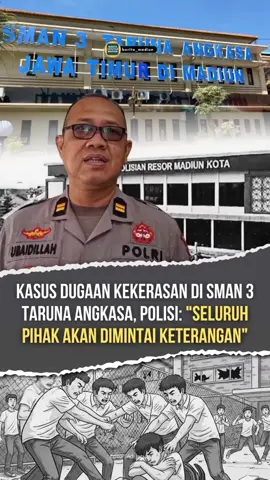 @polres_madiun_kota resmi menangani laporan dugaan pengeroyokan yang melibatkan siswa SMAN 3 Taruna Angkasa Madiun. Kasus ini dilaporkan orang tua korban pada 4 Desember dan kini ditangani Unit PPA Satreskrim. Kasi Humas Polres Madiun Kota, Iptu Ubaidillah menyebut pemeriksaan dilakukan secara bertahap dengan pendampingan dari Dinas Sosial dan orang tua, mengingat seluruh pihak yang terlibat masih di bawah umur. Saat ini 10 siswa masuk dalam daftar terlapor, dan pemeriksaan terhadap saksi serta pihak terkait masih terus berlanjut. Polres Madiun Kota memastikan proses penanganan dilakukan profesional serta mengedepankan perlindungan anak. VIDEO : @adi jaguar  #PolresMadiunKota #KasusPengeroyokan #PPA #PenegakanHukum #Madiun    