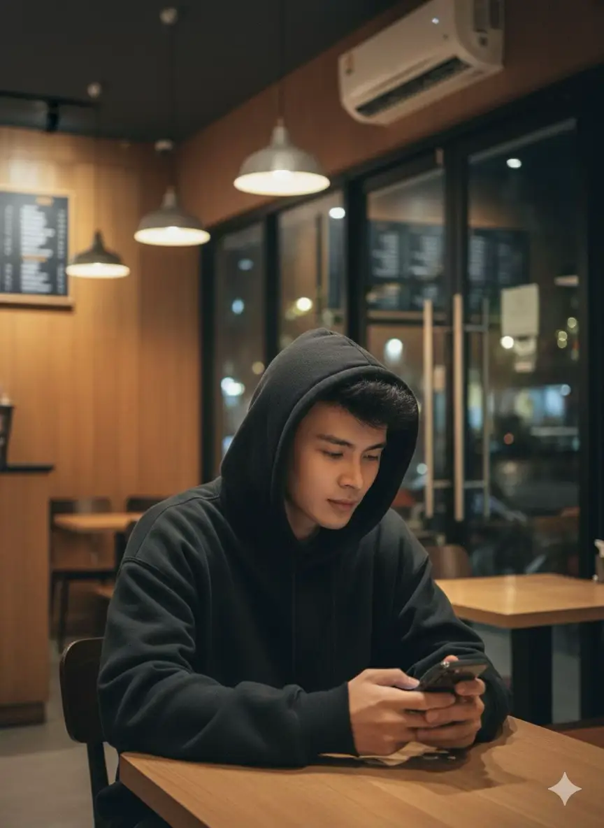 Create a realistic indoor café portrait using my photo as the subject. Maintain the exact facial structure, expression, and hair features from my reference image. The subject is sitting casually while using a smartphone, wearing a dark oversized hoodie with the hood up. Slightly messy hair partially covering the face, calm neutral expression while looking down at the phone. Scene: modern minimalist café interior at night, warm wooden panel walls, clean tables, and glass doors with visible reflections. Hanging pendant lamps above, visible air conditioner on the wall, menu boards in the background. Bokeh lights outside the window to create a soft night ambience. Style: high-resolution realistic portrait with a subtle cinematic film look, 35mm film grain texture, clean highlights with natural shadows, soft rim light from the side illuminating the subject. Tumblrcore aesthetic, dark muted tones on clothing with warm interior lighting contrast. Sharp details on face, hoodie fabric texture, and phone. Centered composition shot from table height. Depth of field bokeh in the background for a cozy, modern vibe.