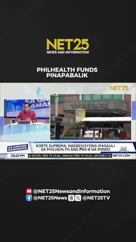 Inatasan ng Korte Suprema na isauli sa PhilHealth ang ₱60 bilyong pondo na dating inalis sa ahensya. #NET25NewsandInformation #SaGanangMamamayan #PhilHealth #SupremeCourt #GovernmentFunds #PhilippineNews