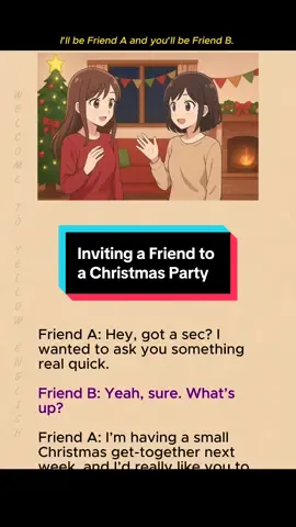 Here’s how to naturally invite someone to a Christmas get-together — and how they can respond! 🎄 Simple, friendly, and super common in real conversations. #EnglishConversation #readingchallenge #DailyEnglish #englishforbeginners #yellowenglish 