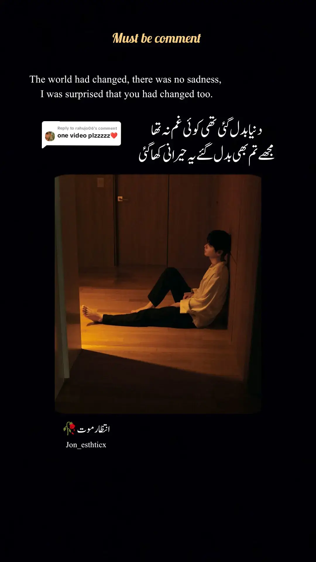 Replying to @rahujo06 Ok bro  دنیا بدل گئی تھی کوئی غم نہ تھا مجھے تم بھی بدل گئے یہ حیرانی کھا گئی #poetrystatus #poetrylines #poetrylover #lovevibes__❤️ #intzarmote🖤🥀 