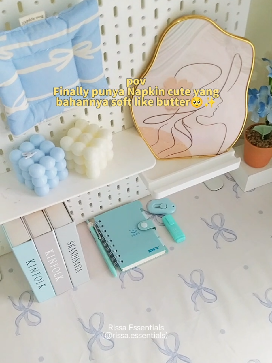 Soft like butter 🧈🩵💛 Napkin baru termanis #alasmeja #napkin #tablecloth #homedecor #desksetup 