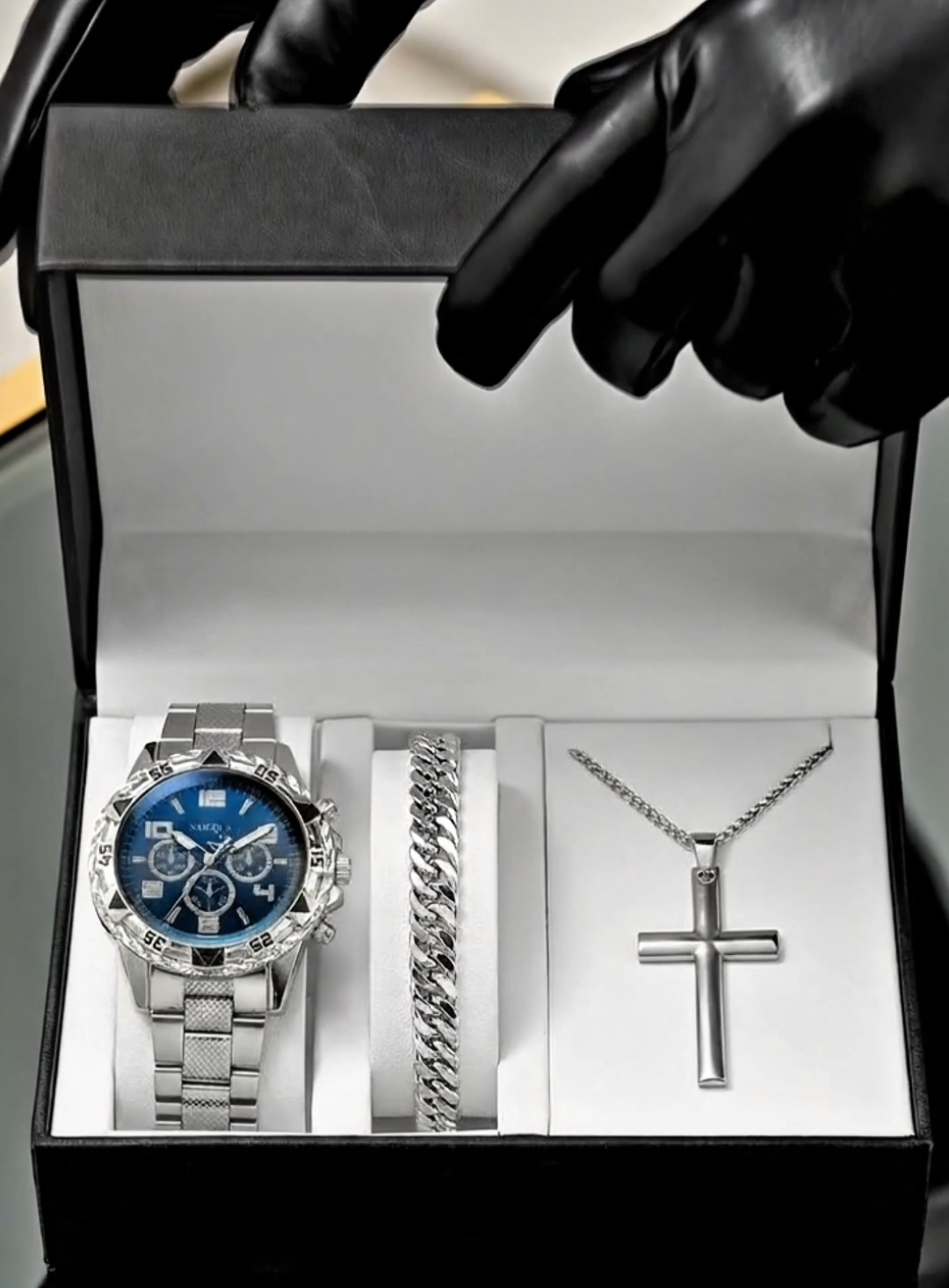 kit com relógio, pulseira e colar em aço inoxidável 