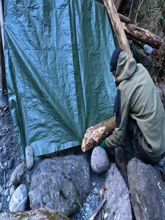 0005- BUILDING a warm Bushcraft SHELTER with a Stone FIREPLACE inside   Winter-Bushcraft-Camping