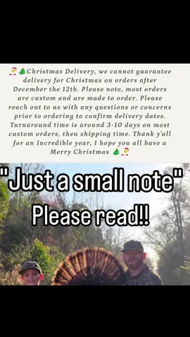 Just wanted to let everyone know the deadline for Christmas delivery is December 12th, this is because most orders are custom. not saying we still can't get it to you, but I can't guarantee with the shipping system during the holidays. Thank yall for an incredible year. if you have questions or comments, about ordering something shoot me a message.  Yahoolacreekbottoms.com 