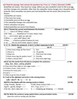 #أسئلة مع الحل اللغة الانكليزية للصف الخامس الابتدائي الشهر الثاني لعام 2025 