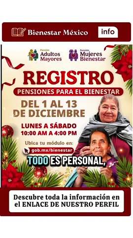 🚨 ¡ADULTOS MAYORES, ATENCIÓN! Si tienes 60 años o más, desde el 1 de diciembre arrancaron los registros para la Pensión Bienestar 🙌💳 De aquí al 13 de diciembre podrás inscribirte según la letra de tu apellido, así que no te confíes… el tiempo corre ⏳ Solo necesitas: INE vigente, CURP, acta de nacimiento, comprobante de domicilio y un teléfono de contacto 📄📲 Todo es personal, gratuito y directo en los Módulos del Bienestar. 👉 Entra al link de mi perfil para ver tu fecha exacta. 💬 Comenta “REGISTRO” necesitas ayuda. Guarda y comparte esta información #PensionAdultoMayor #PensionMujeresBienestar #PensionesBienestar #registro #Diciembre