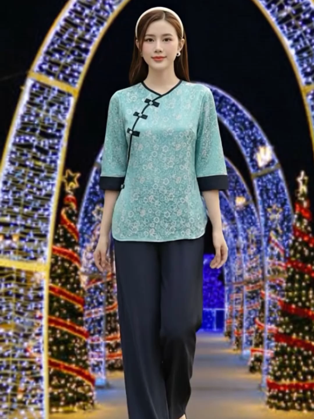 bộ lam pháp phục chất gấm latin mềm mịn đứng phom giúp mẹ tự tin khi lễ chùa hay tụng kinh #boquandichua #quandichua #thoitrangtrungnien #trangphucdichua #boquangam