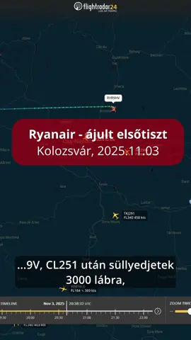 2025 november 3-án a kolozsvári leszállás közben elájult a Ryanair Boeing 737-800-asának elsőtisztje. A kapitány vészhelyzetet jelentett, majd egyedül szállt le a géppel, és megállt a futópályán. A mentők az elsőtisztet kórházba szállították, de másnap kiengedték. Az ájulás oka barotrauma volt, ami az elsőtiszt nagyon erős megfázása miatt alakult ki. #ryanair #magyartiktok #flightradar24 #nekedbelegyen #vészhelyzet