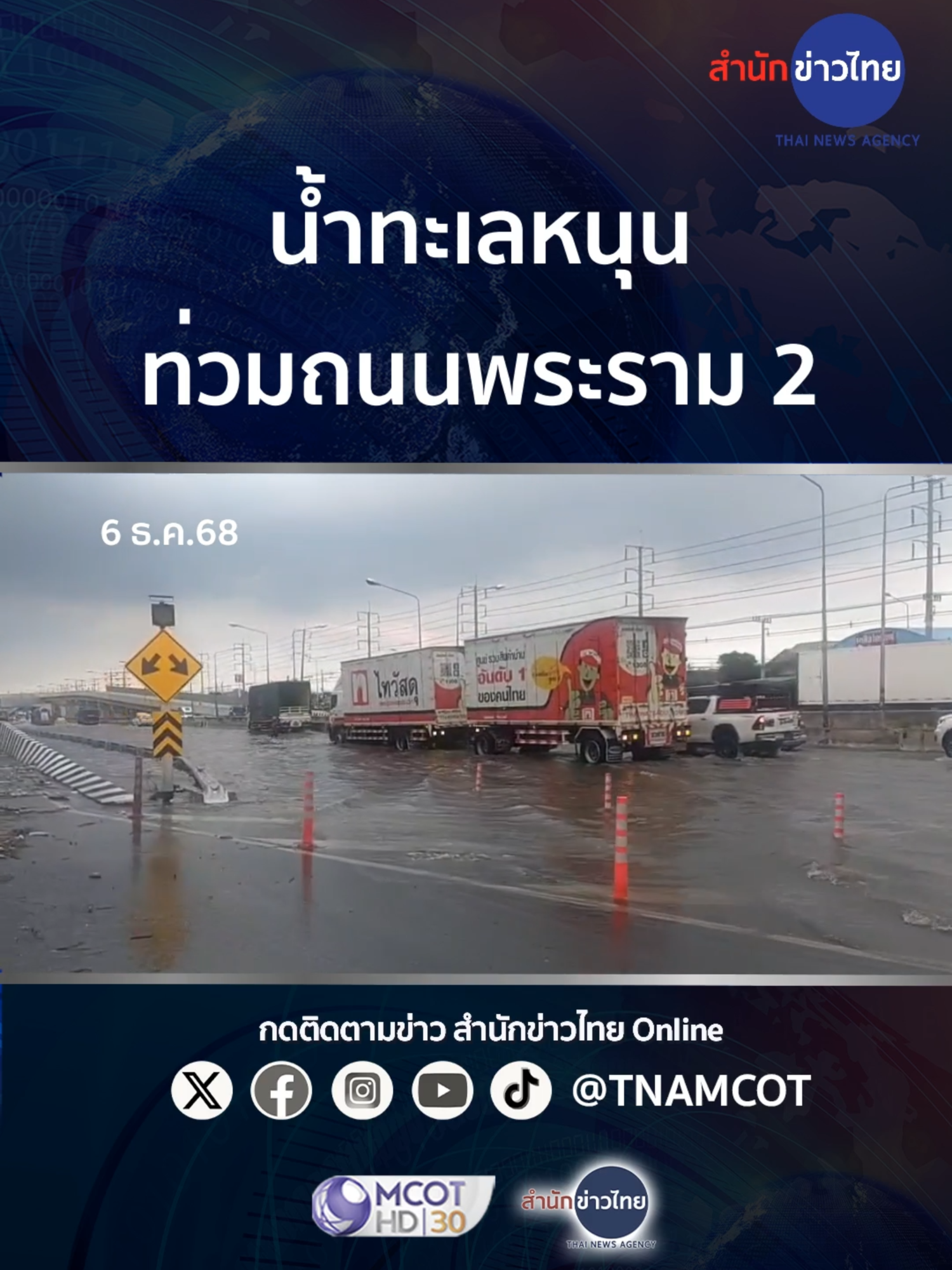 15.00 น. (6 ธ.ค.68) #น้ำทะเลหนุน​สูง ทำถนนพระราม 2 น้ำท่วมระยะทางยาว 500 เมตร บริเวณวัดพรหมคุณาราม จ.สมุทรสาคร ​จราจรติดขัด รถเล็กสัญจรลำบาก
