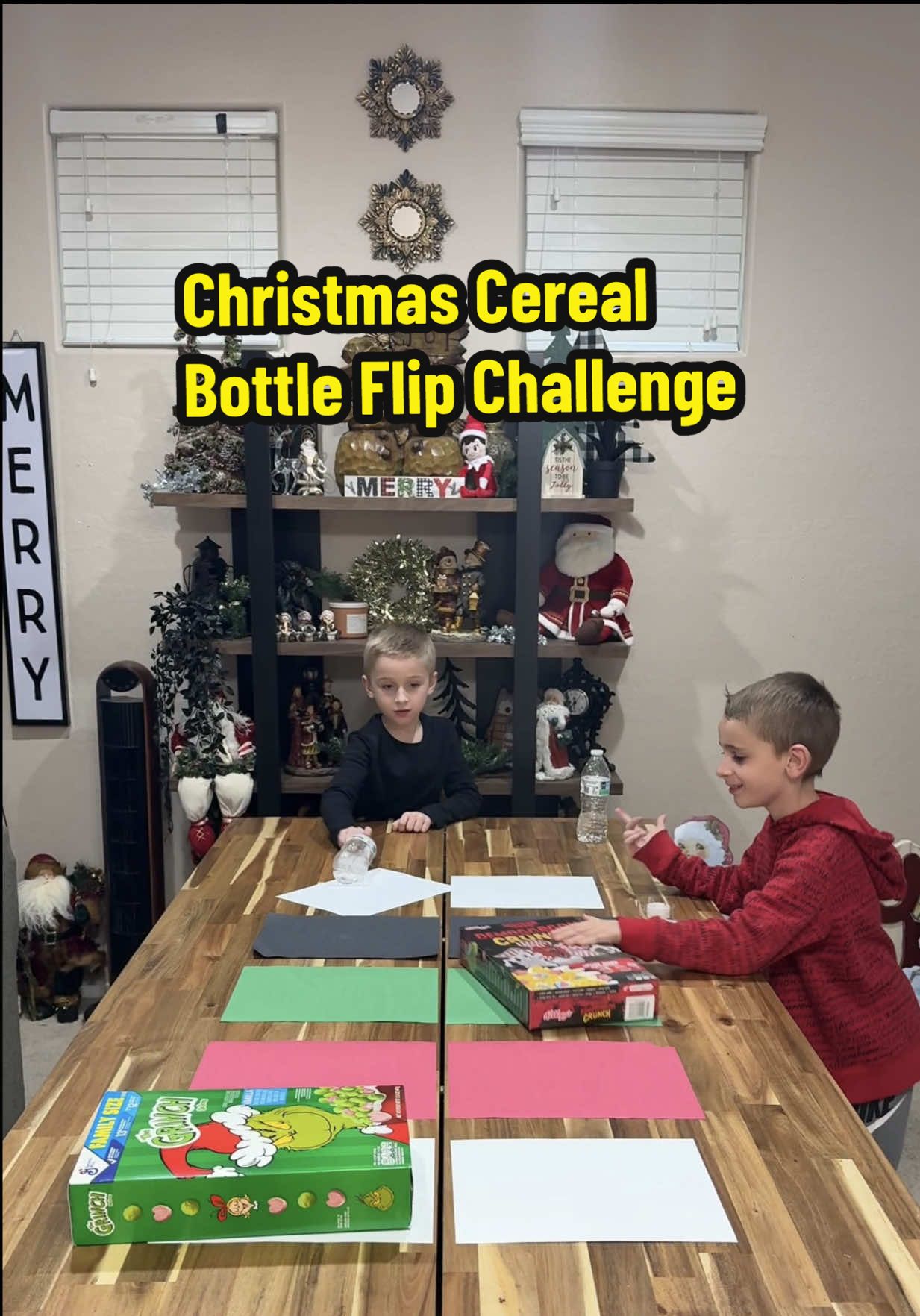 Christmas Cereal Box Bottle Flip Challenge! Brother Edition!  #Siblings #challenge #family #game 